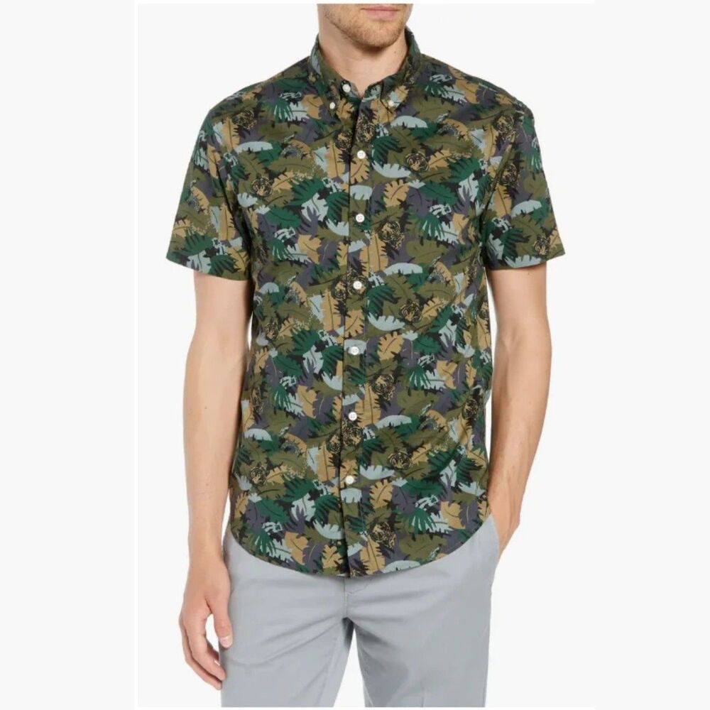 Bonobos Riviera Sport Shirt Mens L Slim Fit Jungle Camo Short Sleeve Cotton
